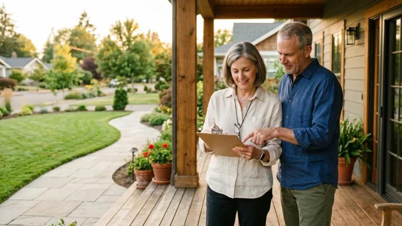 An older couple reviewing a document on a sunny porch of a modern home in a peaceful, manicured community.