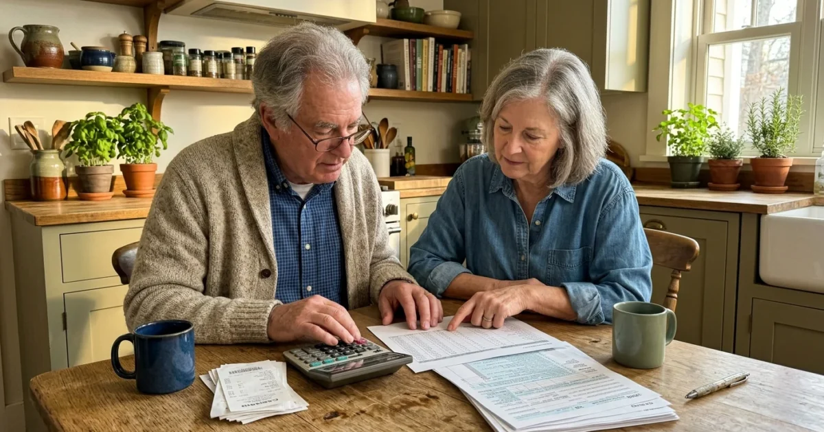 An older couple reviews financial papers together at a sunlit kitchen table, representing a retirement plan checkup.