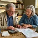 An older couple reviews financial papers together at a sunlit kitchen table, representing a retirement plan checkup.
