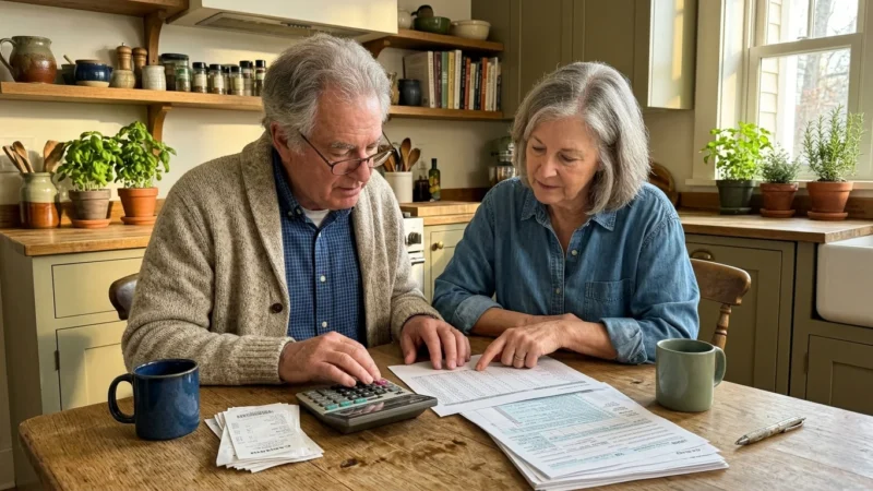 An older couple reviews financial papers together at a sunlit kitchen table, representing a retirement plan checkup.