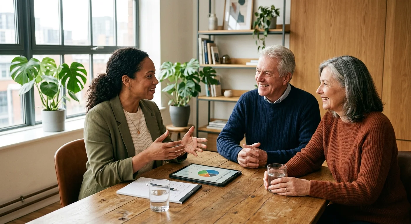 An older couple shares a warm, collaborative conversation with a financial advisor in a bright, modern, plant-filled room.