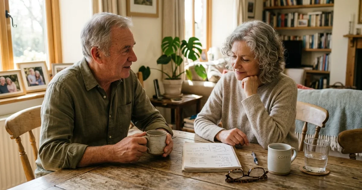 An older couple sits at a wooden table in a sunlit home, reviewing financial notes together with a calm and confident expression.