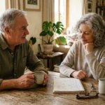 An older couple sits at a wooden table in a sunlit home, reviewing financial notes together with a calm and confident expression.