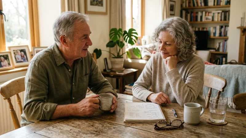 An older couple sits at a wooden table in a sunlit home, reviewing financial notes together with a calm and confident expression.
