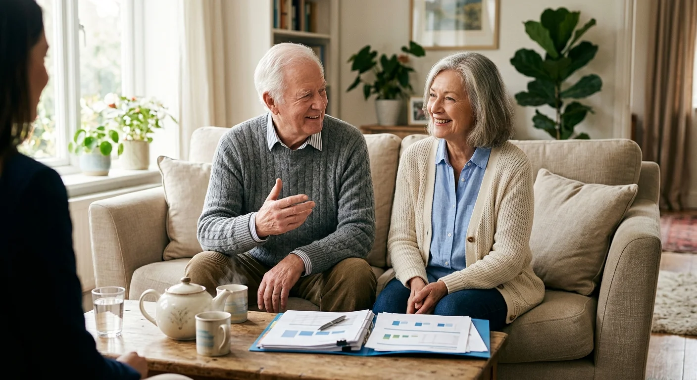 An older couple sits on a living room sofa, smiling and talking to an advisor off-camera over coffee and contract folders.
