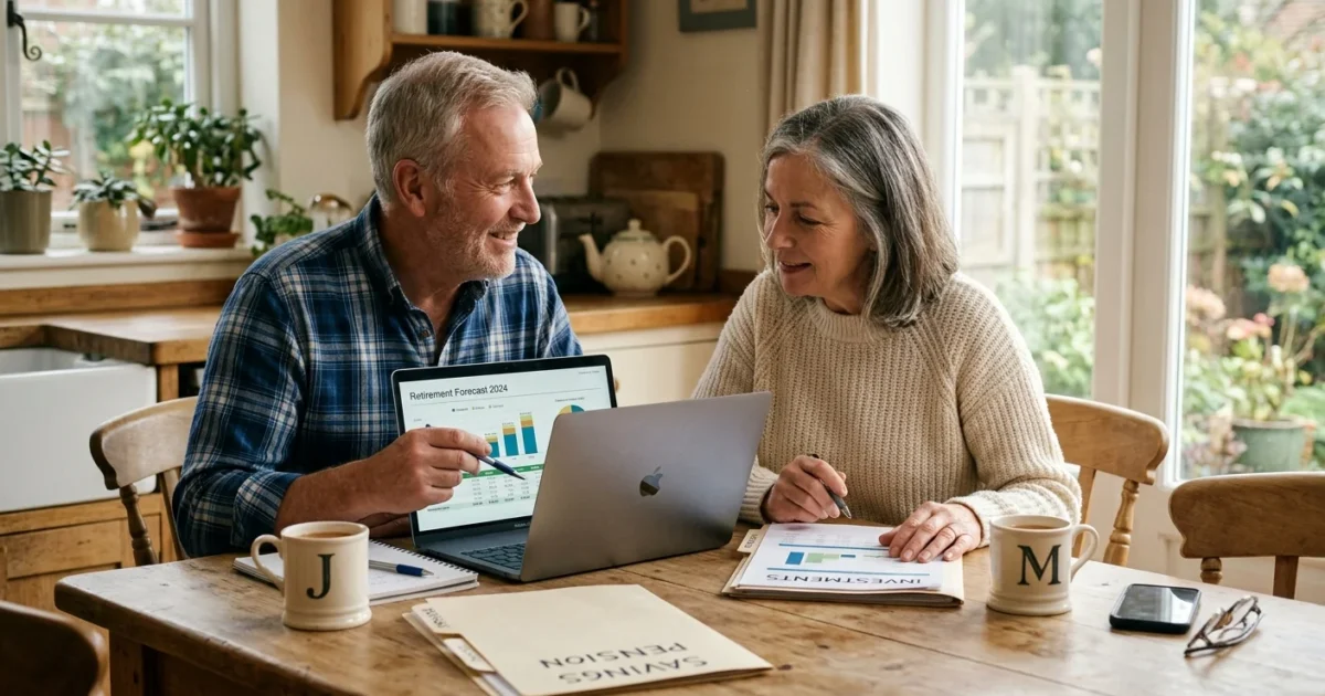 An older couple sitting at a rustic kitchen table reviewing financial folders and a laptop in warm morning light.