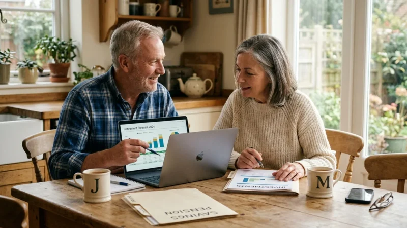 An older couple sitting at a rustic kitchen table reviewing financial folders and a laptop in warm morning light.