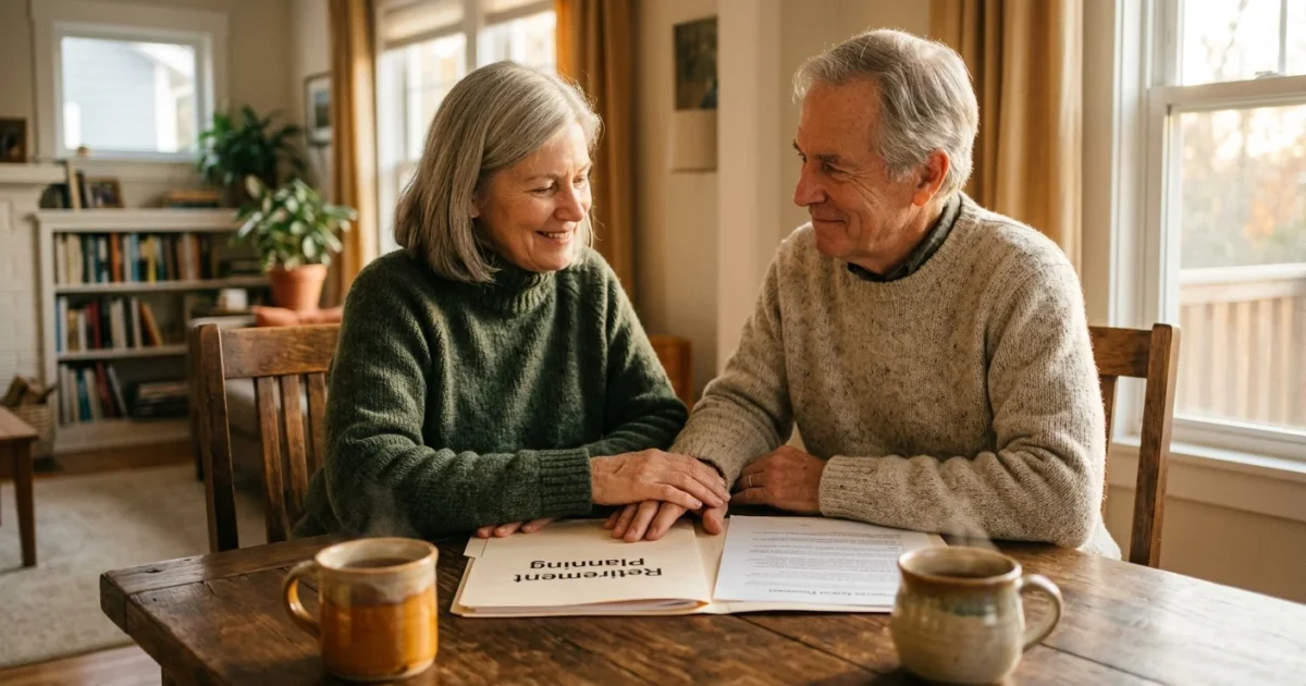 An older couple sitting at a wooden dining table in warm light, smiling as they review retirement planning documents together.
