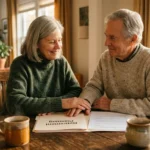 An older couple sitting at a wooden dining table in warm light, smiling as they review retirement planning documents together.