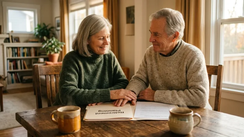 An older couple sitting at a wooden dining table in warm light, smiling as they review retirement planning documents together.