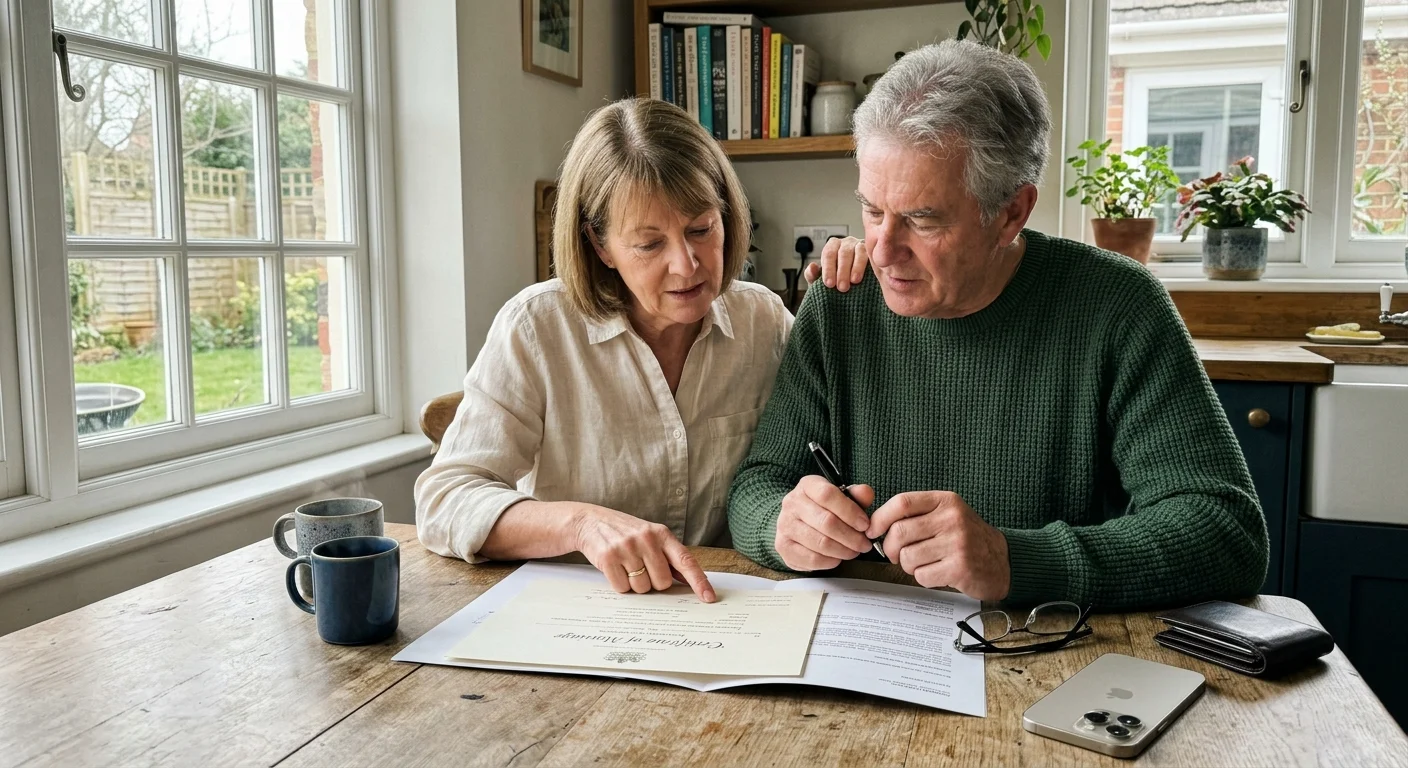 An older couple sitting at a wooden kitchen table together in warm morning light, carefully reviewing documents.