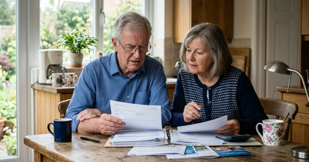 An older couple sitting at their kitchen table reviewing financial papers in soft morning light, looking thoughtful.