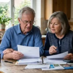 An older couple sitting at their kitchen table reviewing financial papers in soft morning light, looking thoughtful.