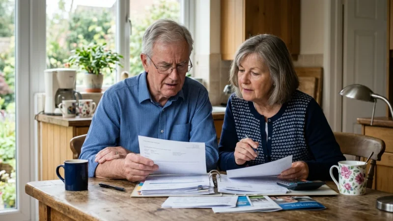 An older couple sitting at their kitchen table reviewing financial papers in soft morning light, looking thoughtful.