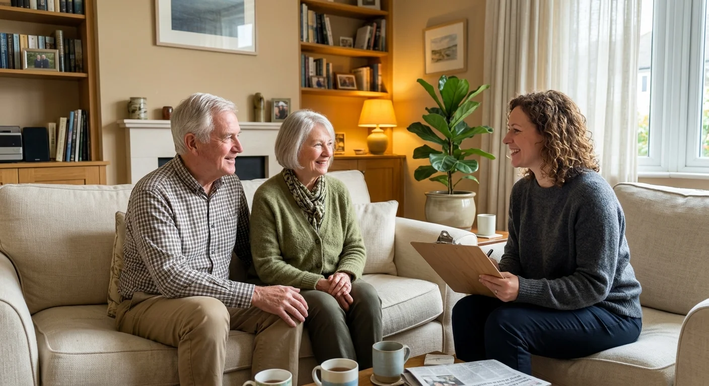 An older couple speaks with a financial advisor in the comfort of their cozy, warm living room.