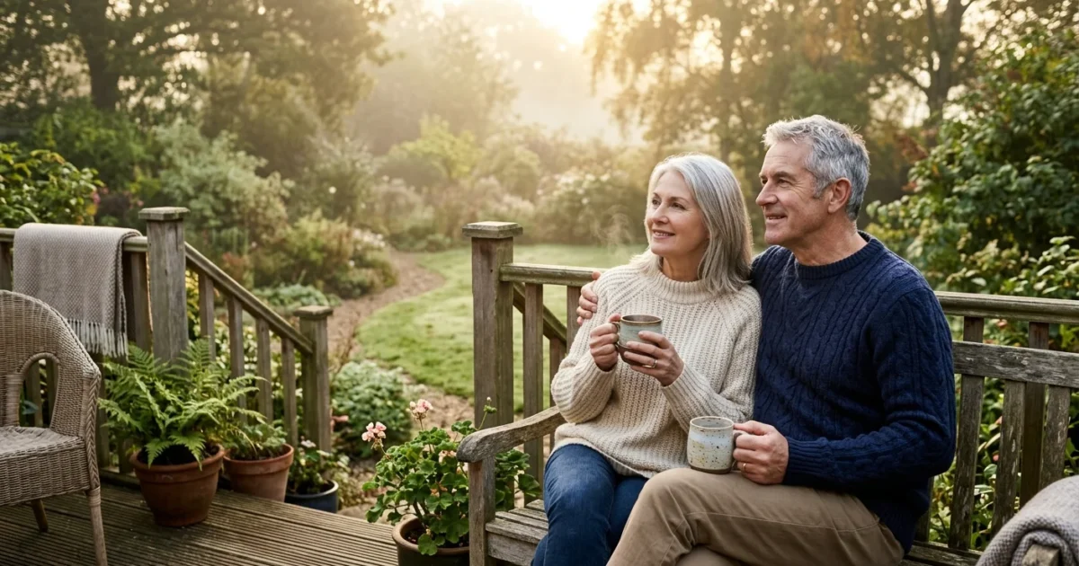 An older couple standing on a sunny wooden deck in the morning, looking out thoughtfully over a peaceful backyard garden.