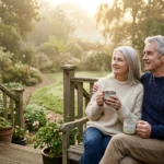 An older couple standing on a sunny wooden deck in the morning, looking out thoughtfully over a peaceful backyard garden.