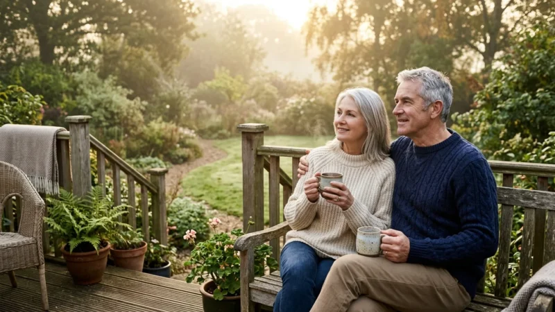 An older couple standing on a sunny wooden deck in the morning, looking out thoughtfully over a peaceful backyard garden.