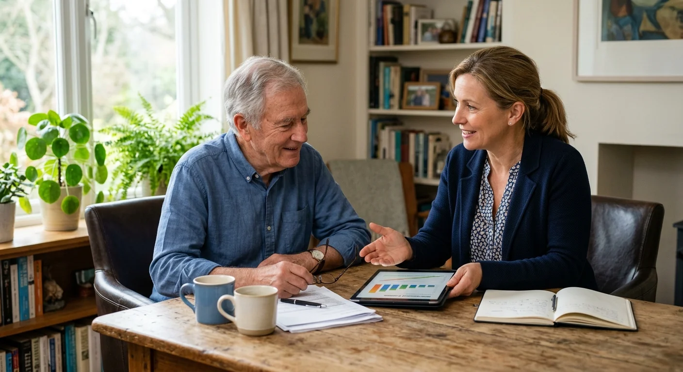 An older man consulting with a financial advisor in a comfortable, warm home office with papers and coffee mugs on the desk.