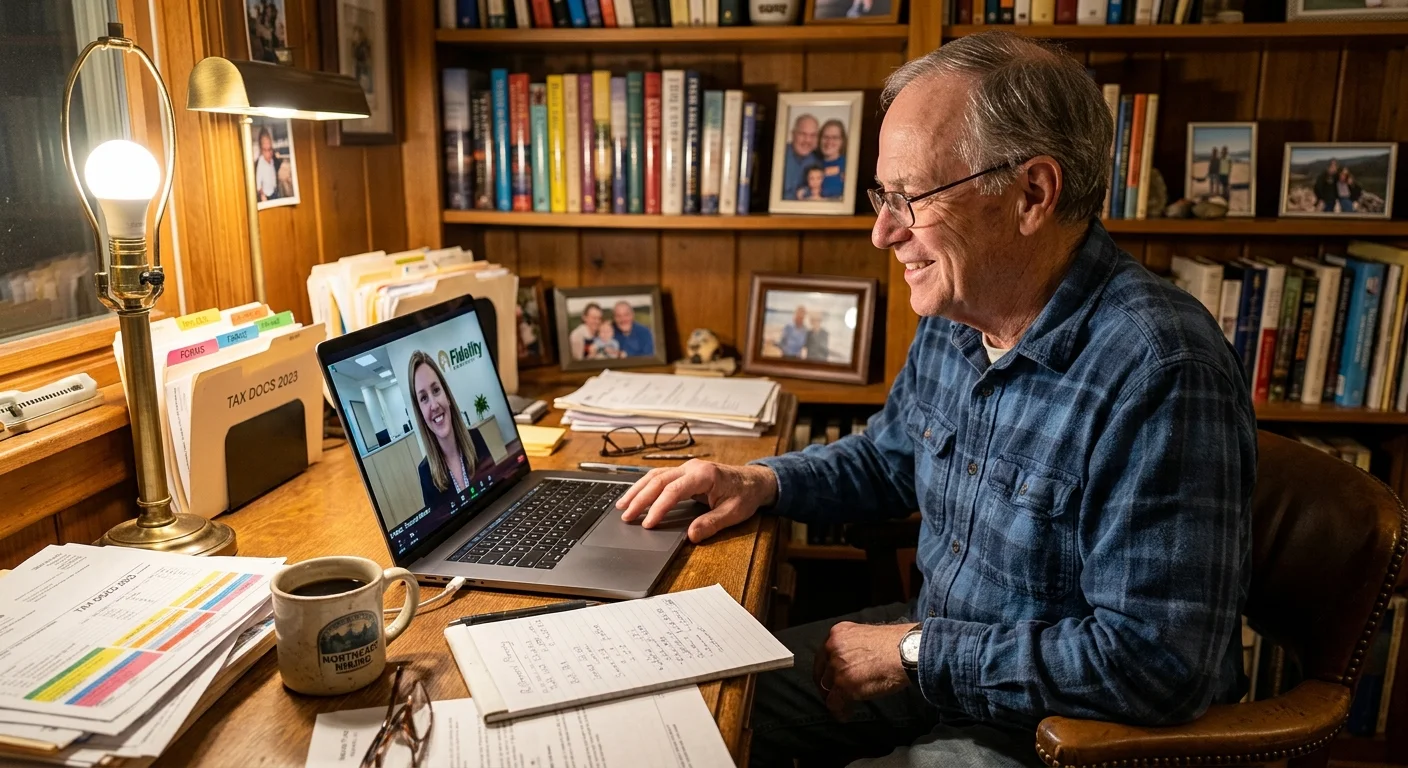 An older man consulting with a financial advisor via video call in his cozy home office.
