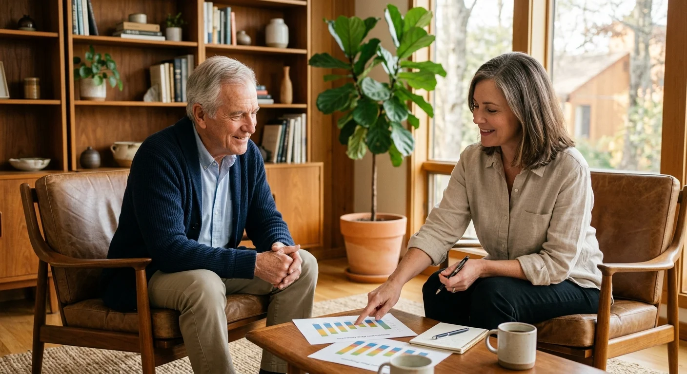 An older man in a cardigan sitting across from a female financial advisor in a warm, sunlit office looking at a chart.