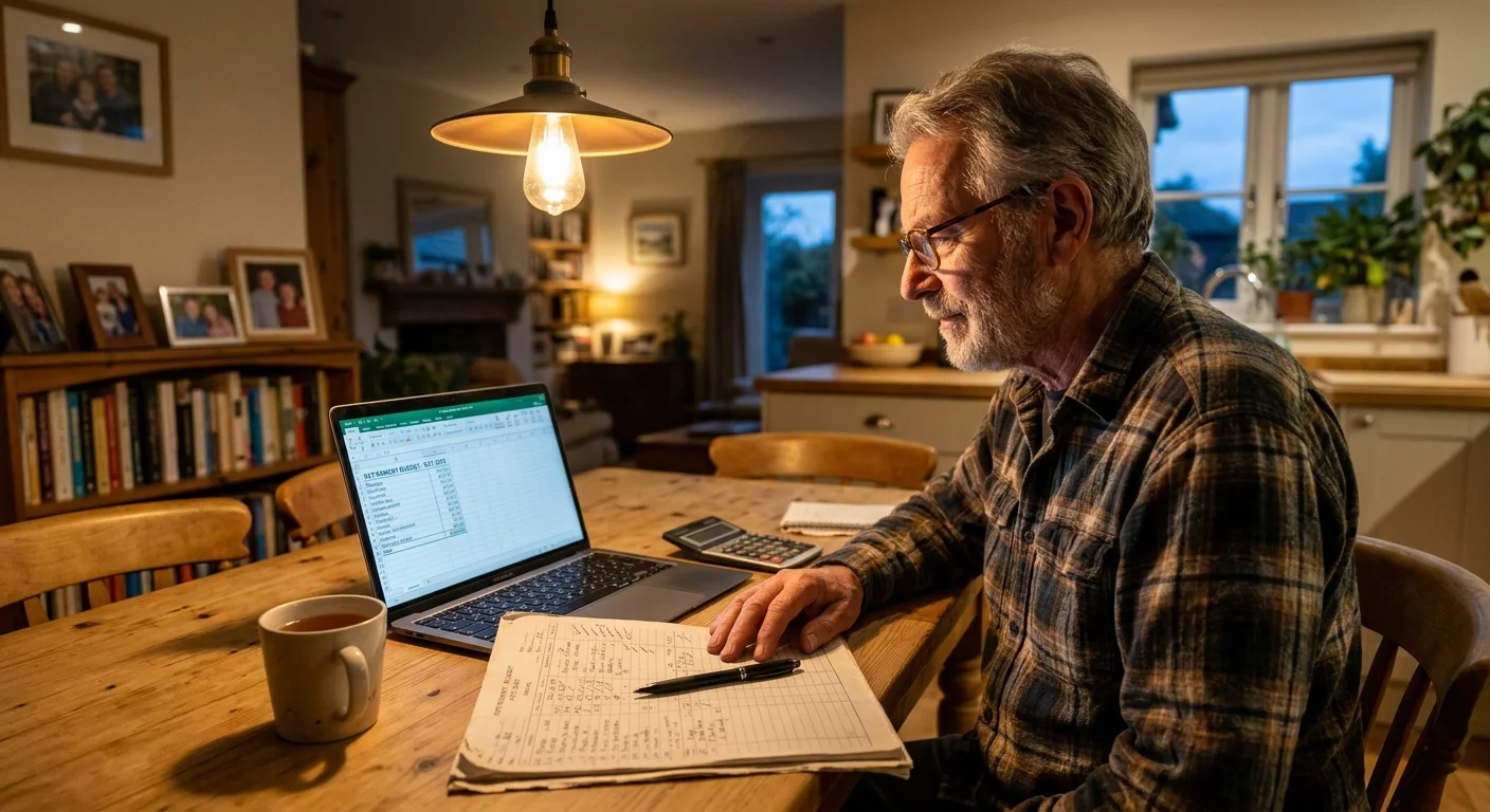 An older man reviews his budget spreadsheet on a laptop at his kitchen table during a quiet evening at home.