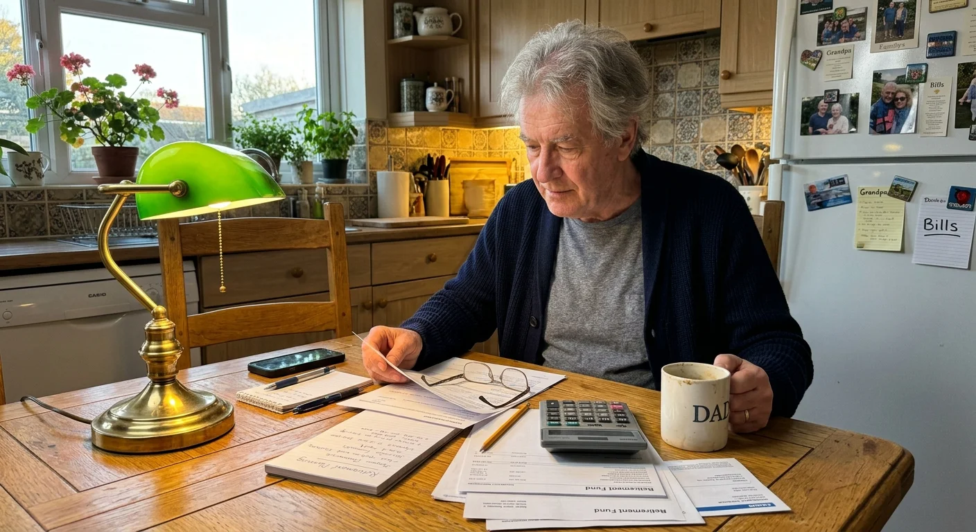 An older man sitting at a cozy kitchen table illuminated by a green banker's lamp, reviewing financial paperwork.