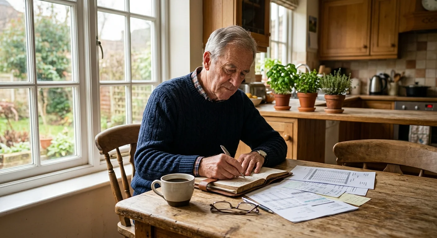 An older man sitting at a sunlit wooden table, reviewing documents and writing notes, reflecting on his retirement plans.