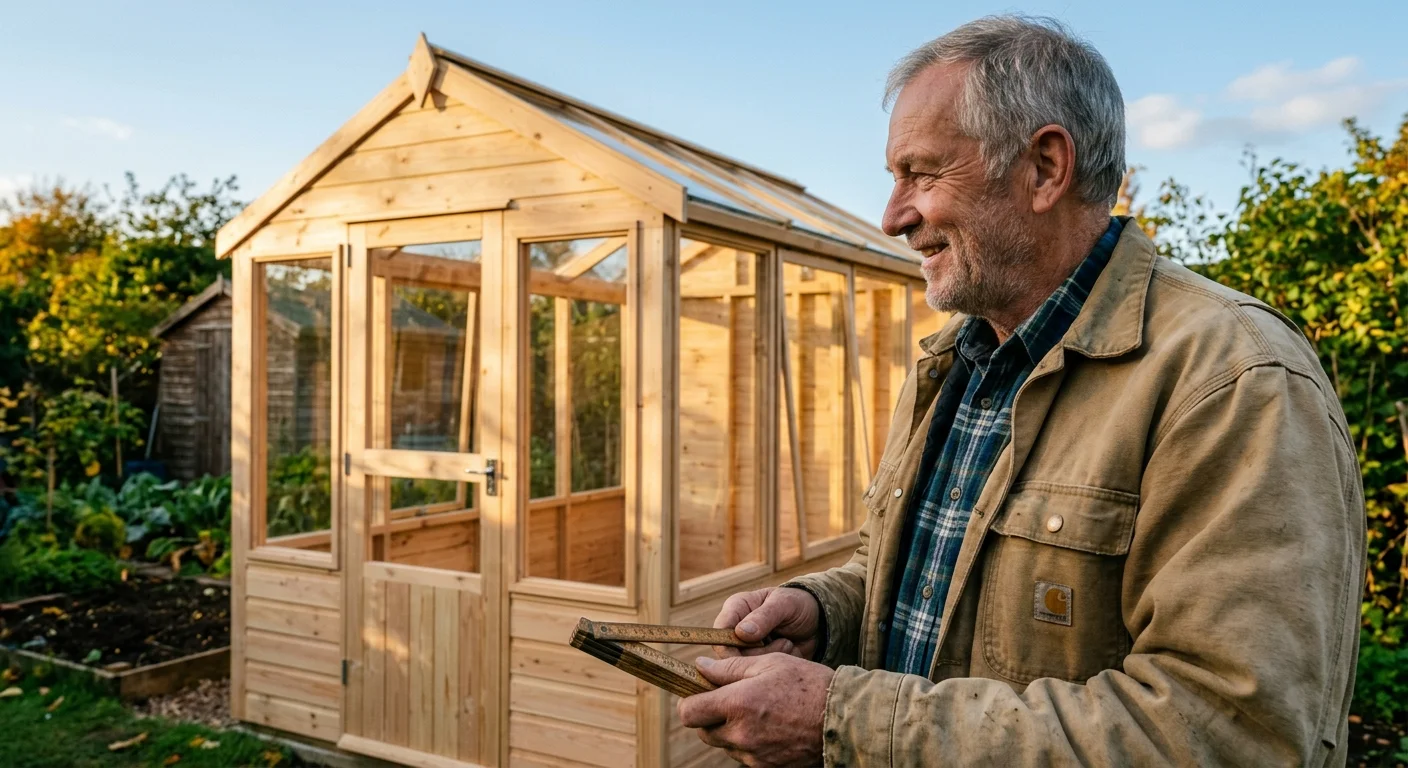 An older man stands by a newly constructed backyard greenhouse, illustrating life changes and new retirement projects.