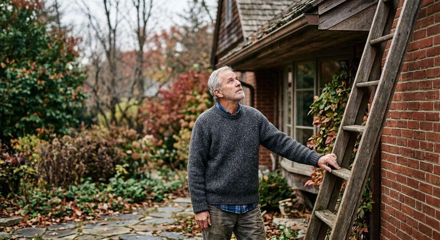 An older man stands in his backyard, looking up thoughtfully at his home's gutters and roof during a quiet autumn afternoon.