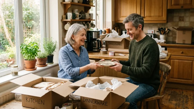 An older mother and her adult son packing boxes together in a warm, sunlit kitchen, capturing a moment of multigenerational transition.