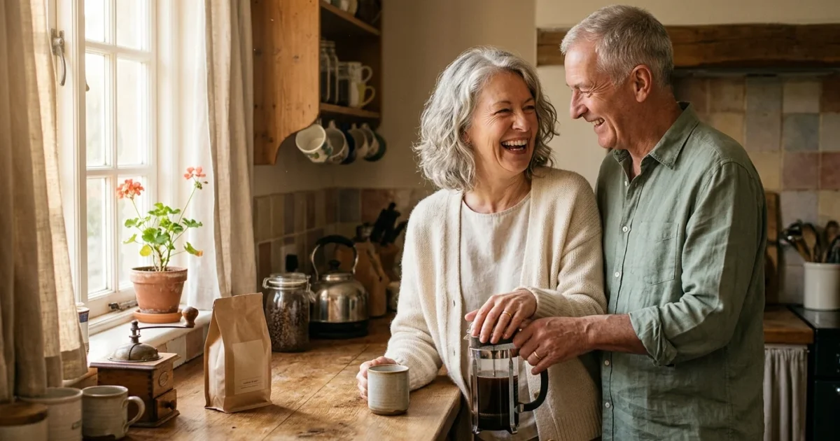 An older newlywed couple laughs together in a sunlit kitchen, wearing simple wedding bands, reflecting companionship in retirement.