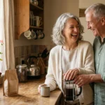 An older newlywed couple laughs together in a sunlit kitchen, wearing simple wedding bands, reflecting companionship in retirement.