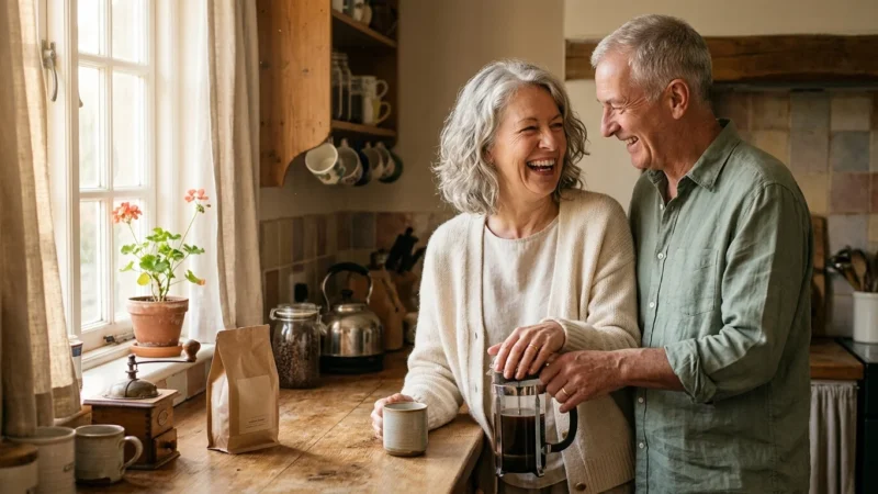 An older newlywed couple laughs together in a sunlit kitchen, wearing simple wedding bands, reflecting companionship in retirement.