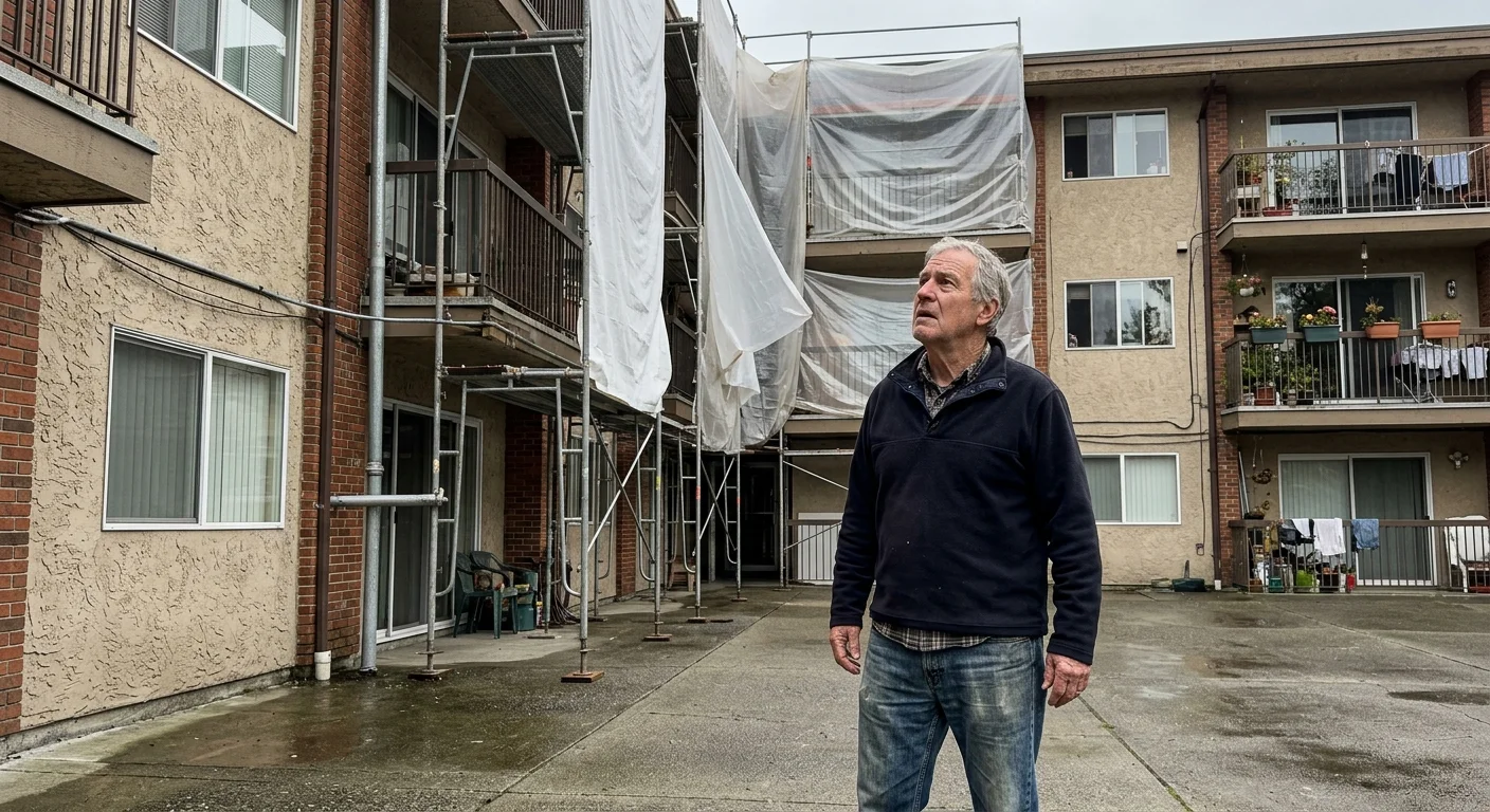 An older resident looking up at concrete repair scaffolding on his condominium building.