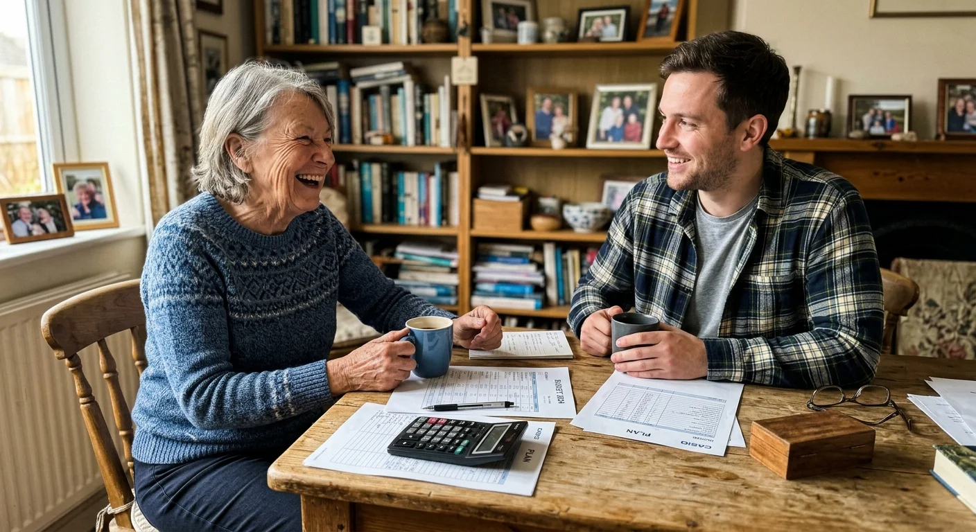 An older woman and a casual advisor smile while looking over retirement planning documents at a sunlit wooden kitchen table.