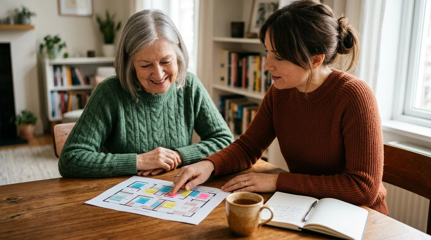 An older woman and a professional transition planner happily reviewing the floor plan of a new, smaller apartment together.