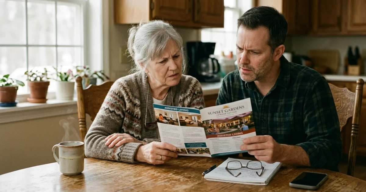 An older woman and her adult son sit at a kitchen table, carefully reviewing a senior living brochure with skeptical expressions.