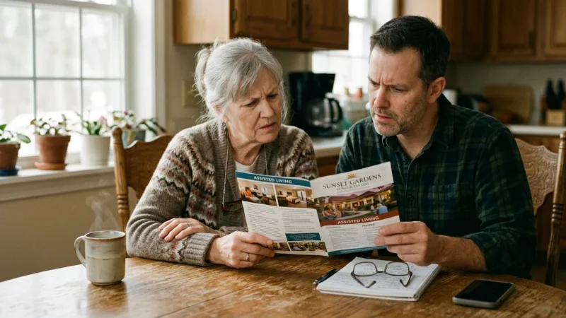 An older woman and her adult son sit at a kitchen table, carefully reviewing a senior living brochure with skeptical expressions.