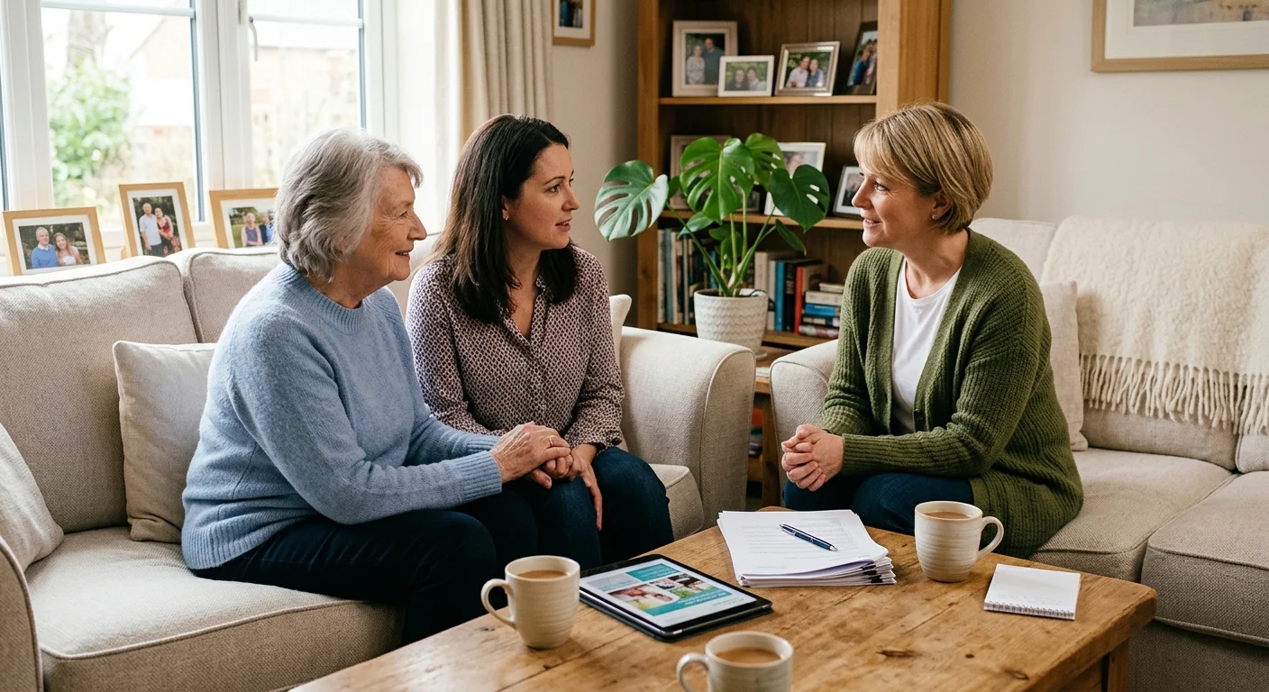 An older woman and her daughter consult with a friendly senior placement advisor in a cozy, sunlit living room.