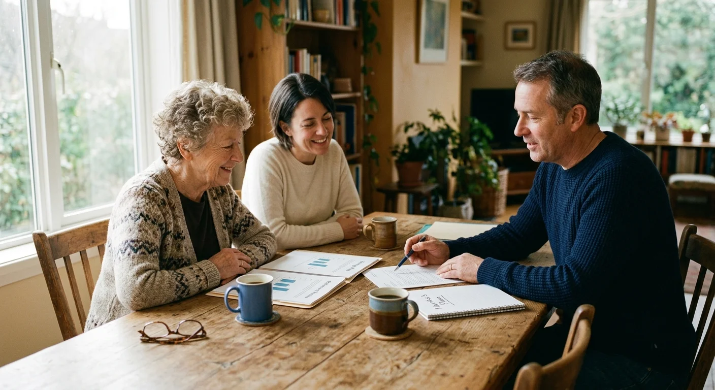 An older woman and her daughter sit at a dining table reviewing financial papers with a friendly financial planner in a casual setting.