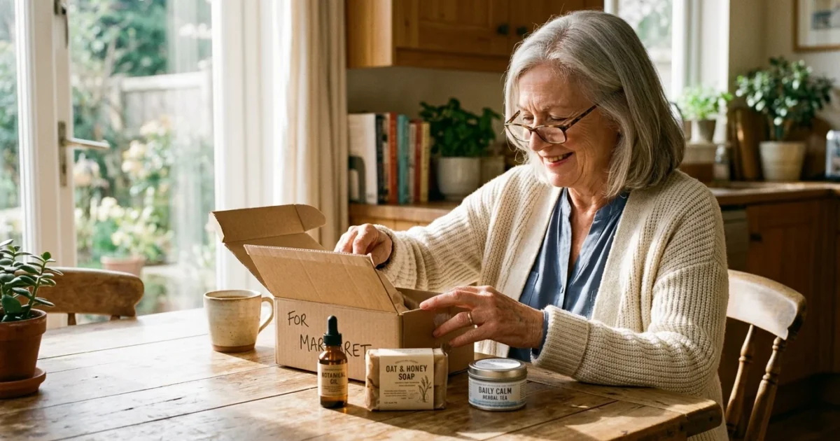 An older woman at a sunny kitchen table unboxing a package of complimentary health and household product samples.