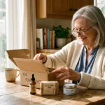 An older woman at a sunny kitchen table unboxing a package of complimentary health and household product samples.