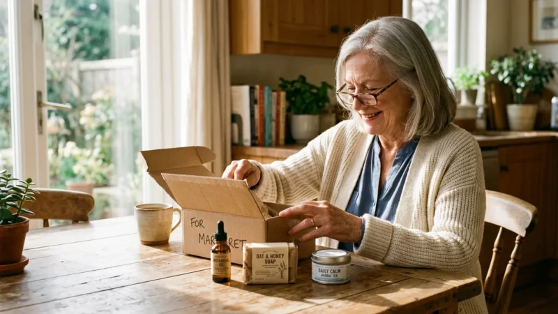 An older woman at a sunny kitchen table unboxing a package of complimentary health and household product samples.