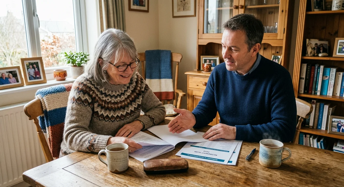 An older woman consults with a casually dressed financial advisor at her warm, sunlit kitchen table.