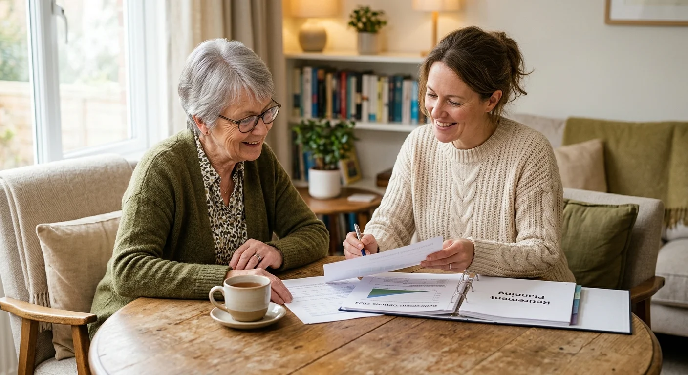 An older woman consults with a female financial planner at a warm, wooden table with tea and planning documents.