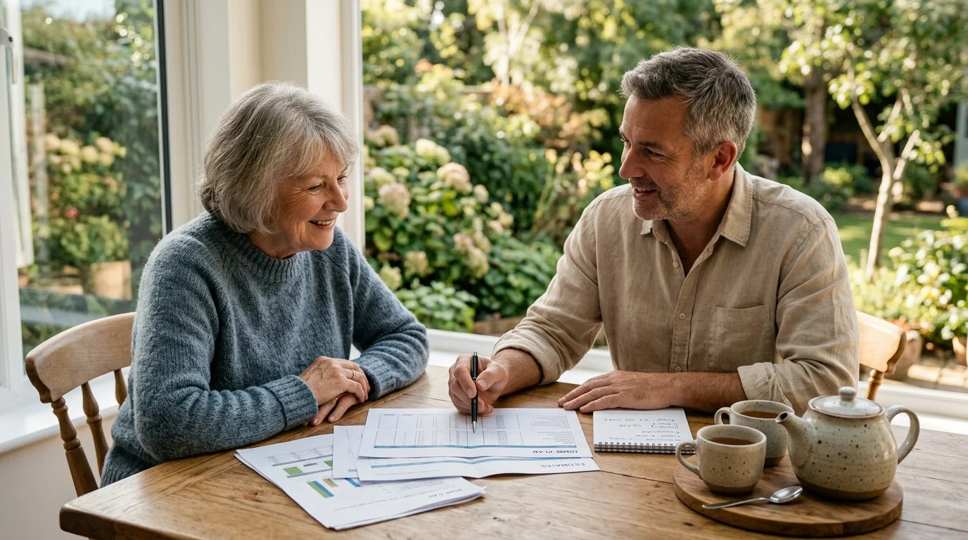 An older woman discussing her downsizing strategy with a financial advisor at a warm, sunlit dining table.