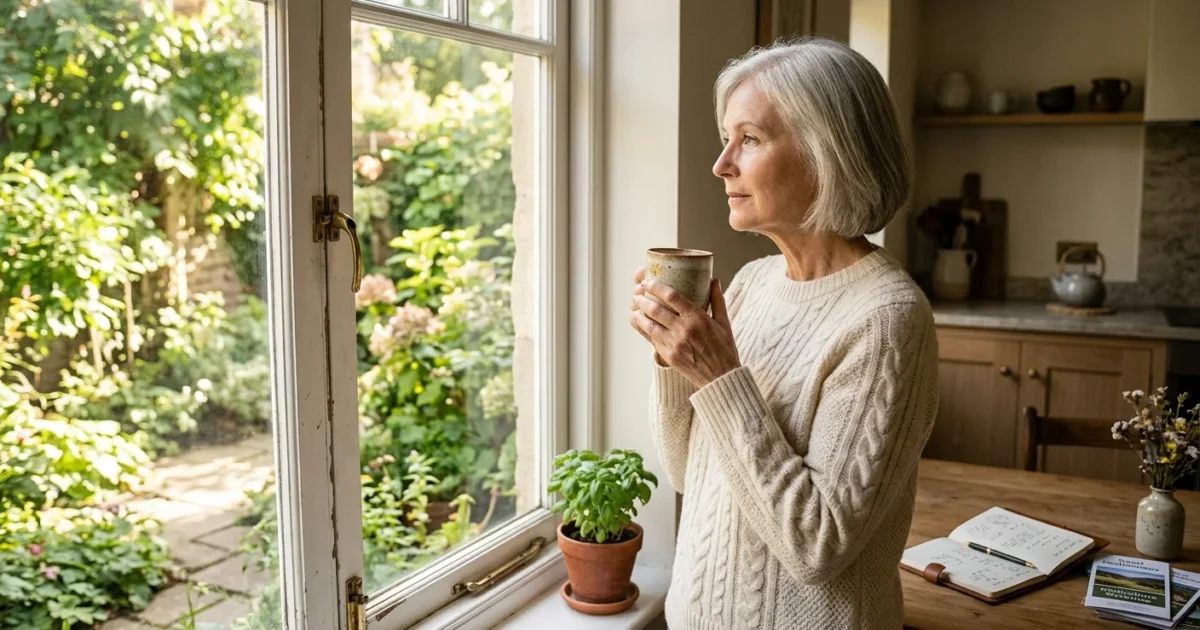 An older woman in a sunlit kitchen looks out the window at a garden, holding a mug, with retirement brochures on the table.
