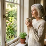 An older woman in a sunlit kitchen looks out the window at a garden, holding a mug, with retirement brochures on the table.