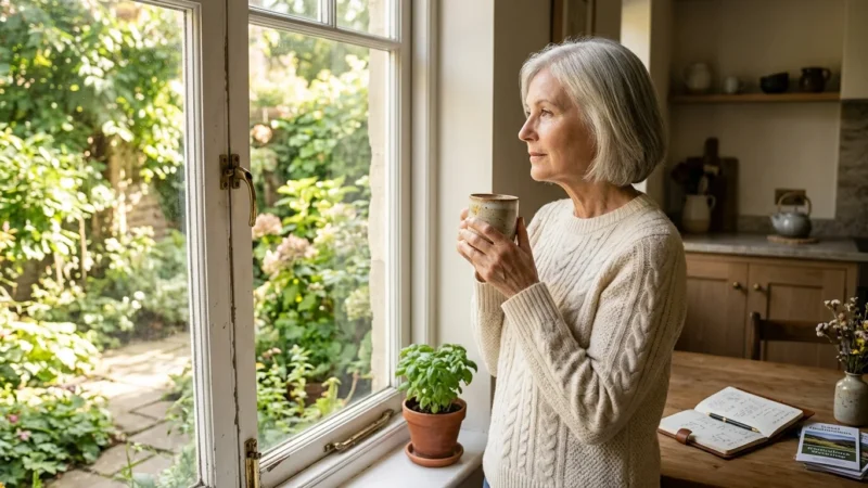 An older woman in a sunlit kitchen looks out the window at a garden, holding a mug, with retirement brochures on the table.